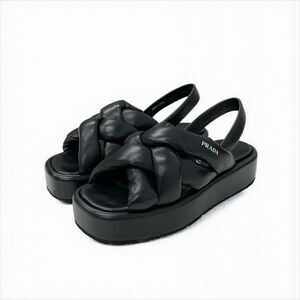 Prada Sandals Shoes Leather Black Logo Platform Padded Nappa